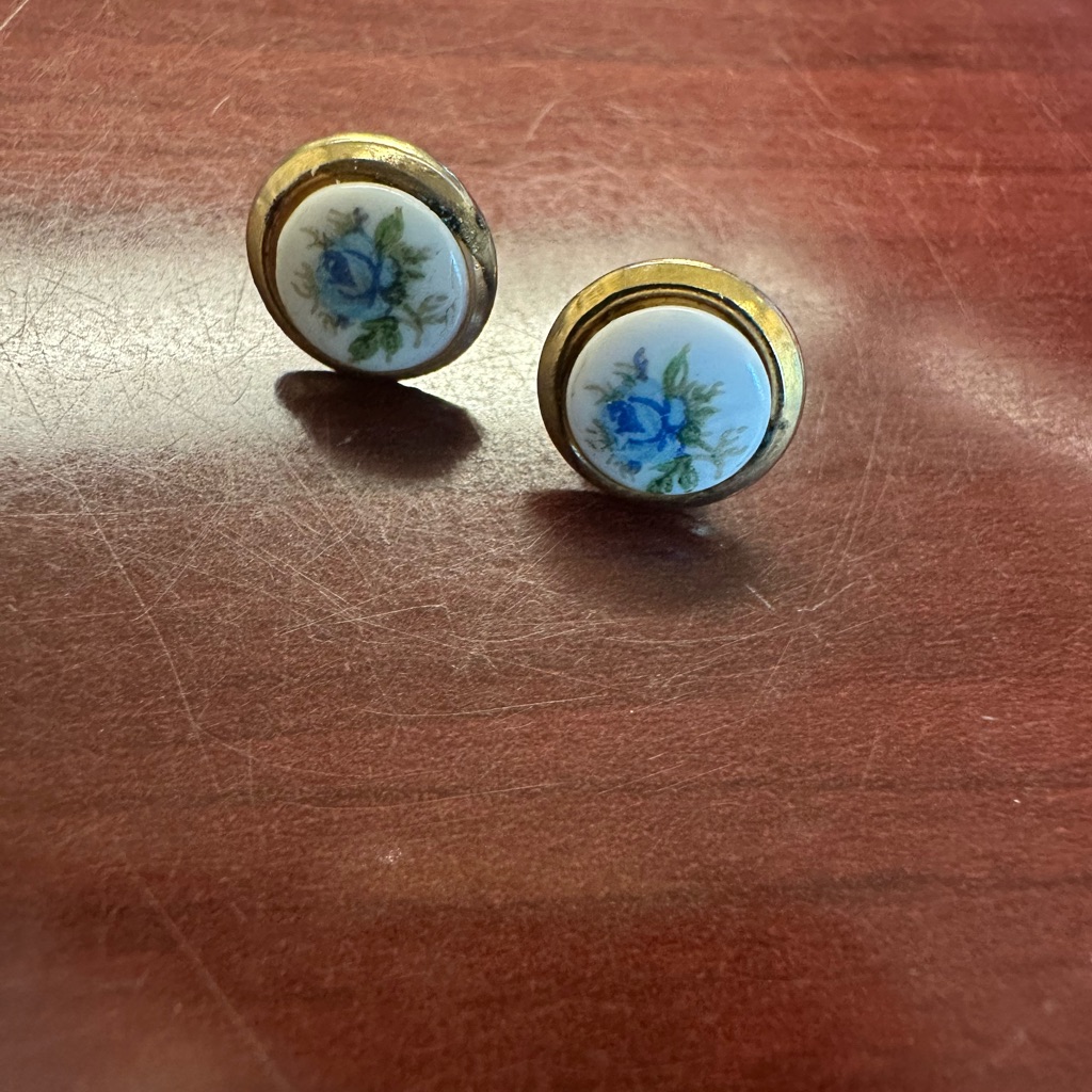 Gold And Blue Floral Porcelain Earrings